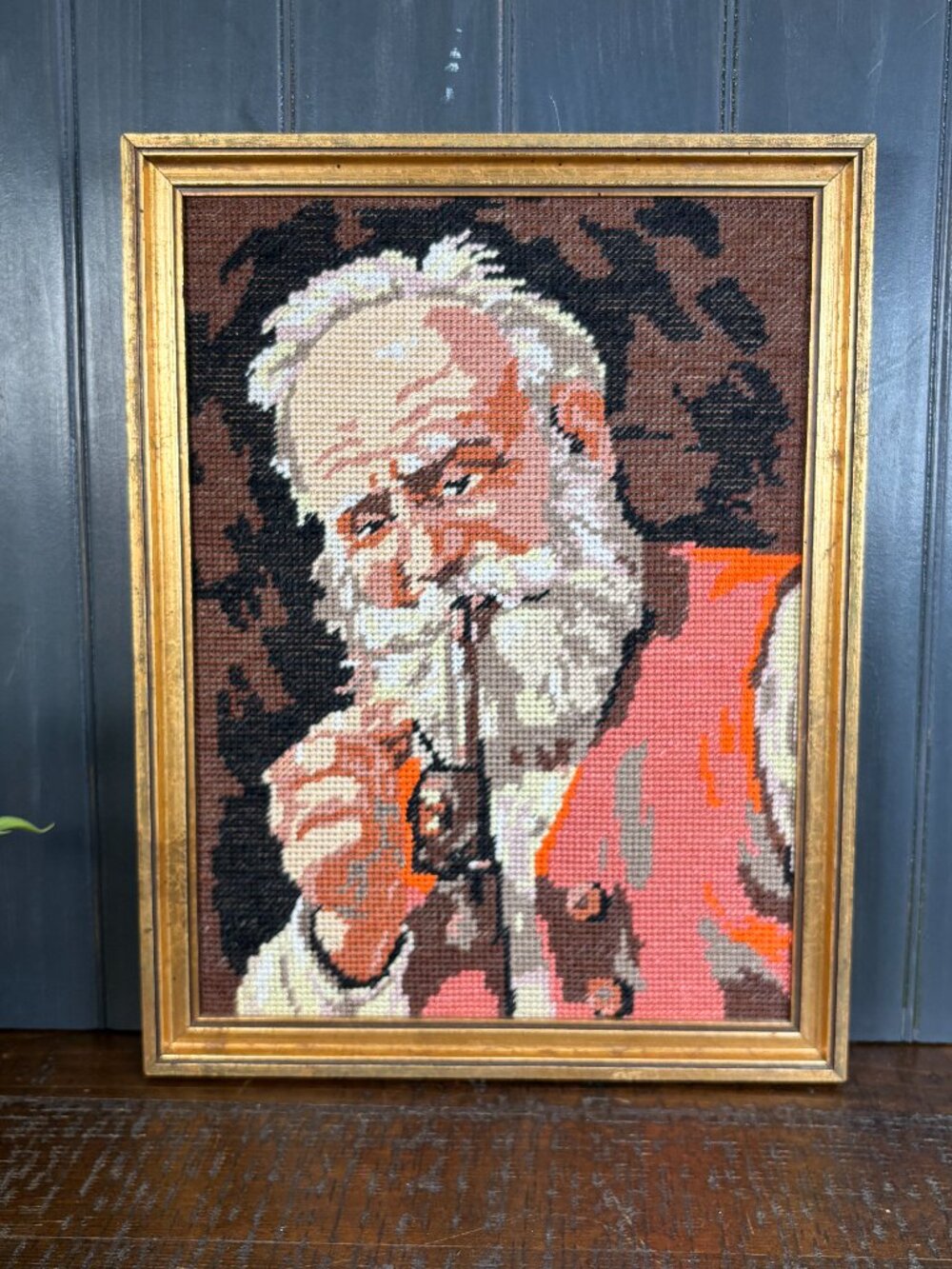 Vintage Framed Needlepoint Portrait of an Eldery Man, Embroidery Folk Art